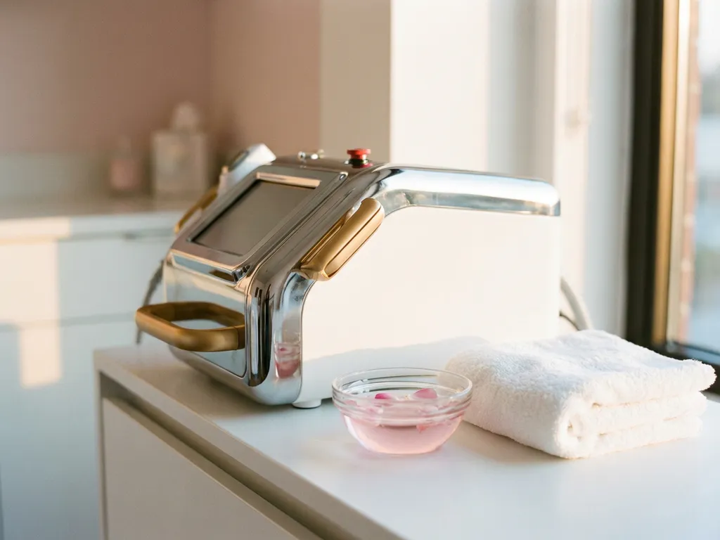 Professioneel laserbehandelingsapparaat op witte ondergrond, naast een glazen kom rozenwater en witte handdoek, in warm gouden licht.