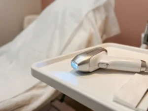 InMode Diolaze laserontharingsapparaat op een steriel wit klinisch dienblad in een premium esthetische kliniek.