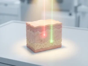 Doorsnede van menselijke huidlagen met twee laserstralen die tot verschillende diepten doordringen, op witte klinische achtergrond.