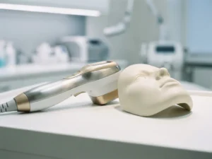 Medisch-esthetisch apparaat op wit klinisch oppervlak naast keramisch huidmodel, roestvrijstalen en matte witte afwerking met champagne accenten.