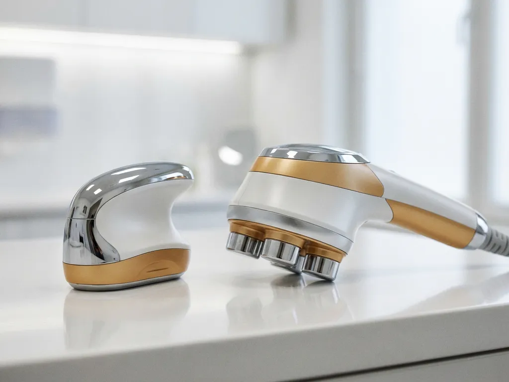 Twee medische esthetische apparaten op wit klinisch oppervlak, compacte handapplicator naast groter behandelstuk in chroom en mat wit.