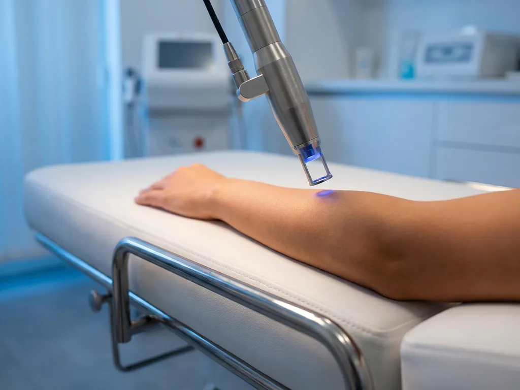 Medische laserhandstuk vlak boven huid op behandelbed, blauw omgevingslicht op glanzend roestvrijstaal, klinische setting.