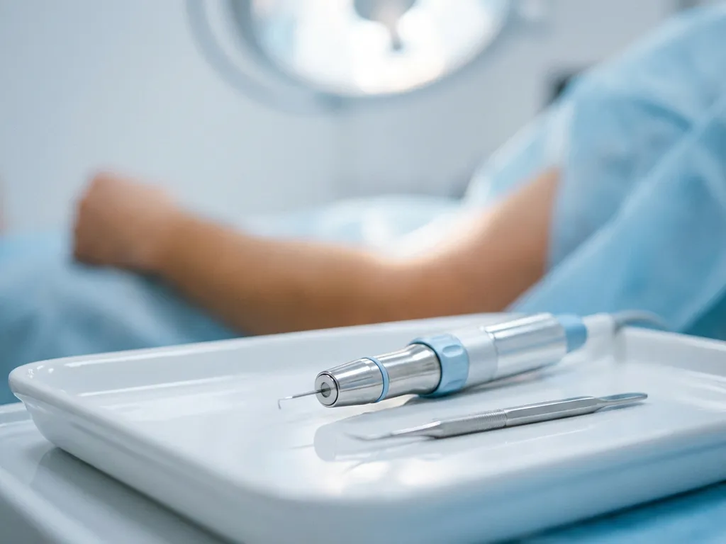 Medische laserhandstuk op steriele witte klinische dienblad naast precisie-instrument, blauwe en witte tinten in esthetische kliniek.