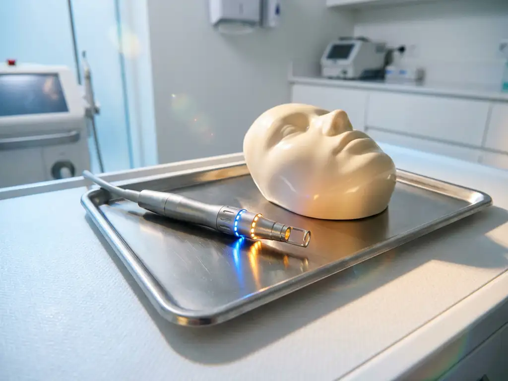 Medische laserhandstuk op klinische dienblad naast keramisch huidmodel, verlicht door blauw en goudkleurig licht.