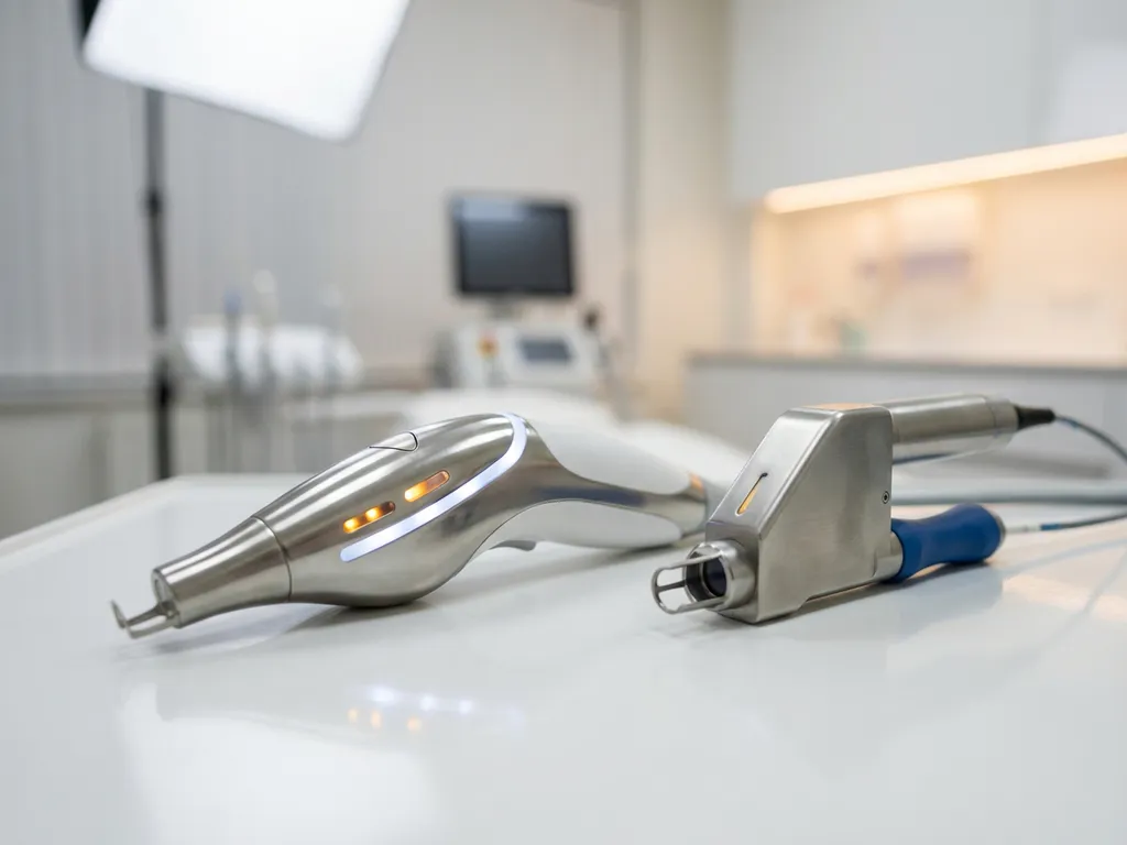 Twee medische laserhandstukken van gepolijst roestvrij staal op een witte klinische ondergrond, onscherpe behandelkamer op de achtergrond.