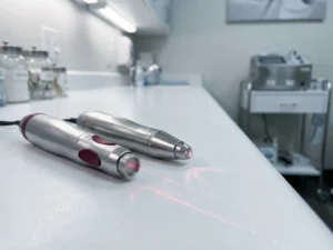 Twee medische laserhandstukken op een steriel wit oppervlak, één met rode laserstraal en één met infraroodgloed.