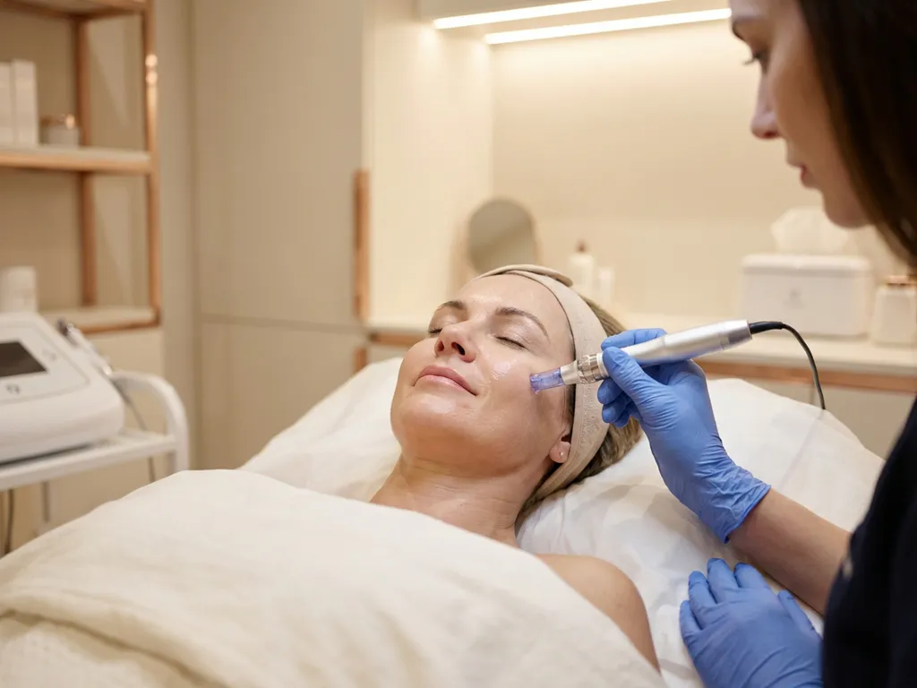 Vrouw van begin 40 ondergaat professionele microneedling behandeling op wang in moderne medisch-esthetische kliniek.