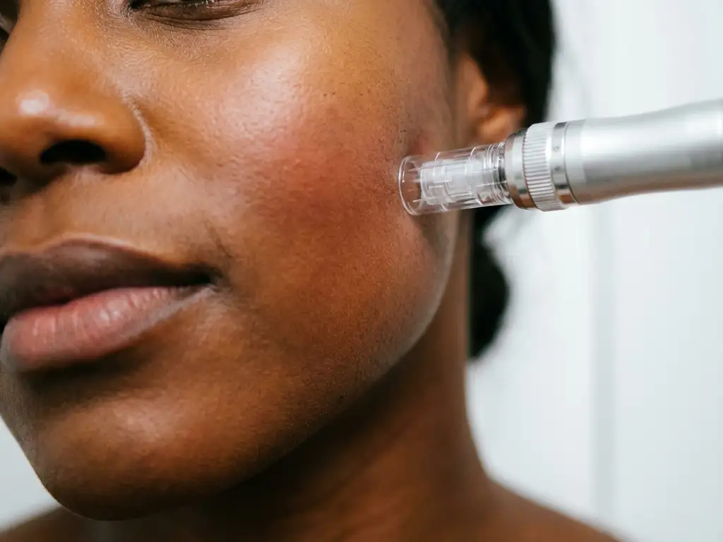 Microneedling behandeling op donkere huid, medisch handstuk langs kaaklijnen van een vrouw in klinische omgeving.