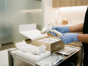 Morpheus8-apparaat dat door gehandschoende handen wordt uitgepakt op een klinische behandelwagen, steriele witte verpakking zichtbaar.