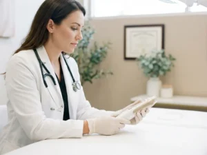 Huidtherapeut in witte jas inspecteert Morpheus8-apparaat op behandeltafel in strakke esthetische kliniek.