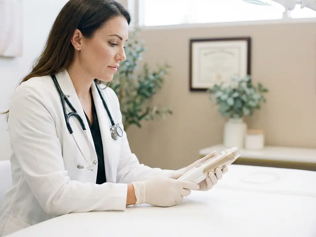 Huidtherapeut in witte jas inspecteert Morpheus8-apparaat op behandeltafel in strakke esthetische kliniek.