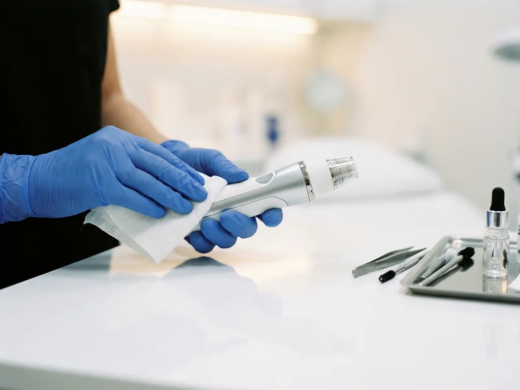 Gehandschoende zorgprofessional reinigt Morpheus8 microneedling handstuk met steriel doek op witte klinische ondergrond.