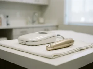InMode-apparaat en Morpheus8-handstuk op wit klinisch oppervlak in minimalistische behandelkamer.