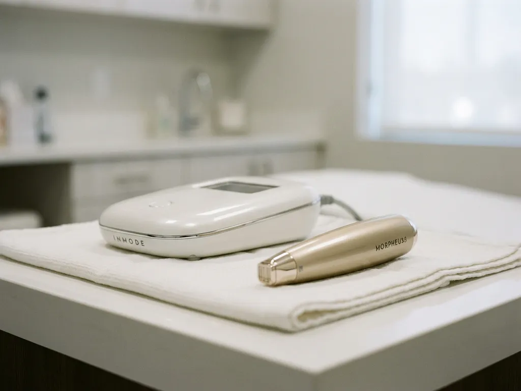 InMode-apparaat en Morpheus8-handstuk op wit klinisch oppervlak in minimalistische behandelkamer.