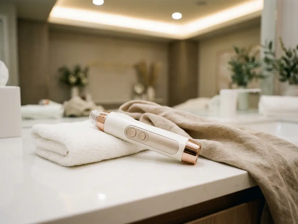 Morpheus8 radiofrequency microneedling apparaat op wit klinisch oppervlak naast gevouwen handdoek, zachte roségouden tinten.