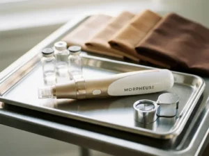 Morpheus8 microneedling handstuk op een klinische tray naast glazen ampullen en een vergrotingsloup, zachte natuurlijke belichting.