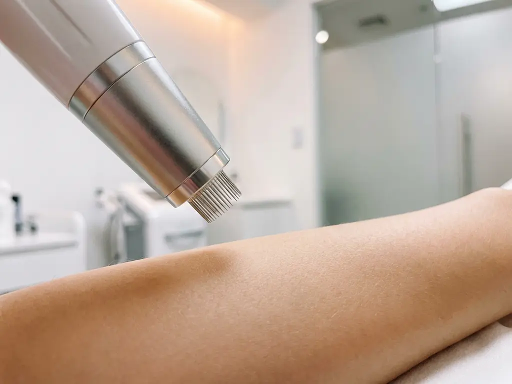 Morpheus8 microneedling handpiece met fijne naalden boven een gladde onderarm in een witte behandelkamer.
