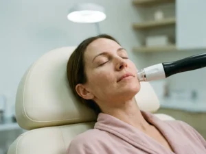 Vrouw ontspannen in behandelstoel tijdens Morpheus8 microneedling behandeling op de wang, rustige klinische omgeving.