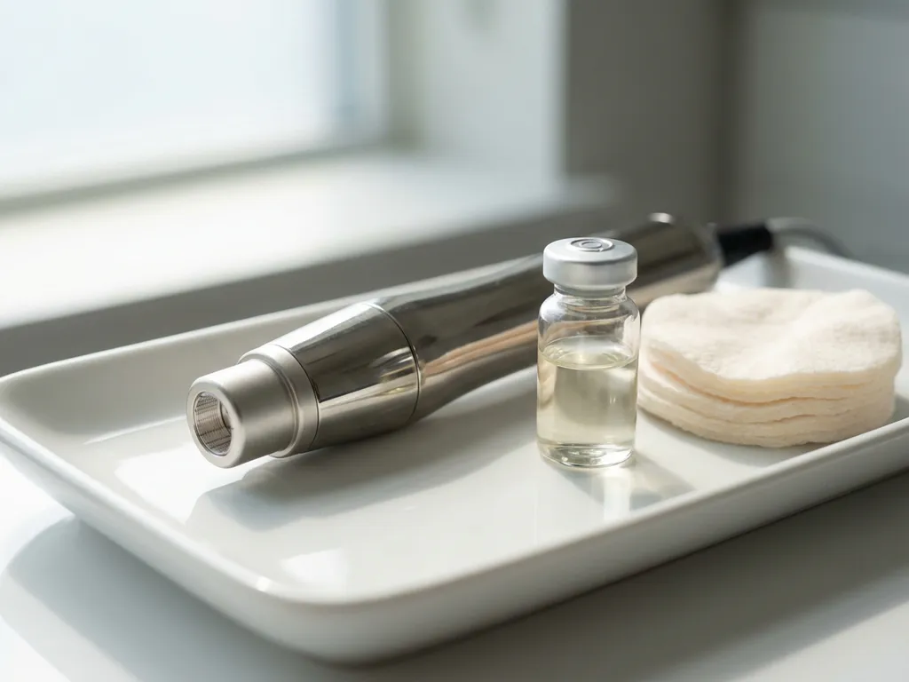 Morpheus8 microneedling handstuk op witte klinische tray met glazen ampul en wattenpads, professionele huidverzorgingsomgeving.