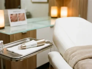 Morpheus8 microneedling handpiece op een klinische tray naast een behandelbed, zachte witte interieur met warme verlichting.