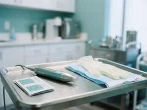 Morpheus8 microneedling handstuk op roestvrijstalen dienblad naast steriele handschoenen en antiseptisch pakket in behandelkamer.