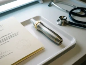 Morpheus8 microneedling handstuk op witte klinische dienblad naast gevouwen certificeringsdocument, stethoscoop zichtbaar op achtergrond.