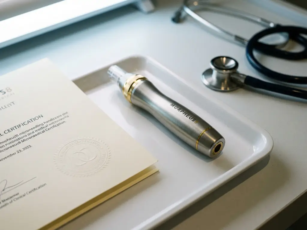 Morpheus8 microneedling handstuk op witte klinische dienblad naast gevouwen certificeringsdocument, stethoscoop zichtbaar op achtergrond.