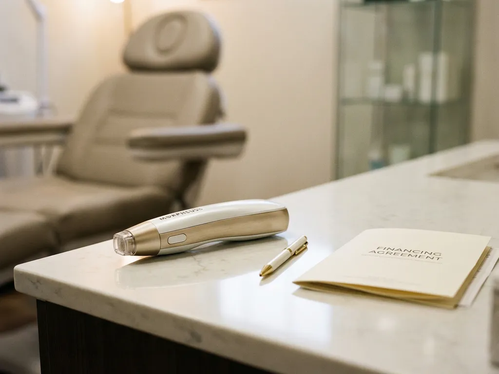 Morpheus8 radiofrequentie microneedling apparaat op witte klinische toonbank naast pen en financieringsovereenkomst, premium esthetische kliniek.