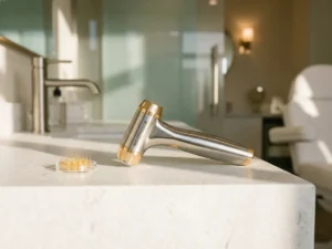 Morpheus8 microneedling handstuk op wit klinisch oppervlak naast fijne gouden naalden, zacht licht op gepolijst roestvrij staal.