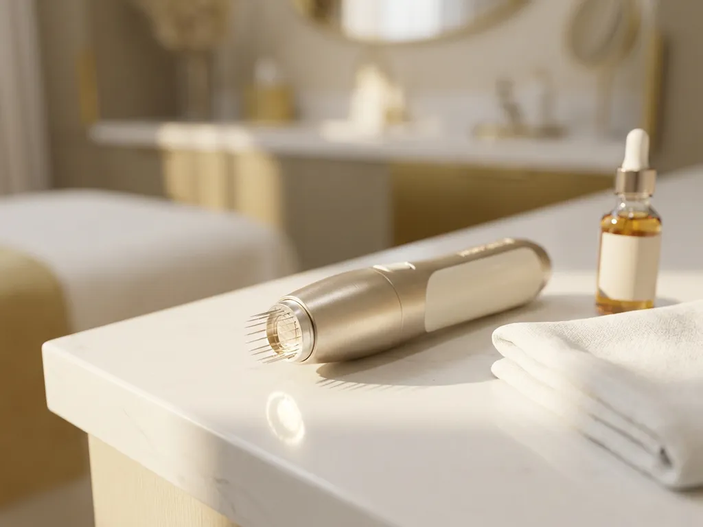 Morpheus8 radiofrequentie microneedling handstuk op wit klinisch oppervlak, met fijne naaldtips, linnen handdoek en serumflesje.