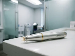 Morpheus8 microneedling handstuk met gouden naalden op wit klinisch oppervlak, moderne esthetische kliniek op de achtergrond.