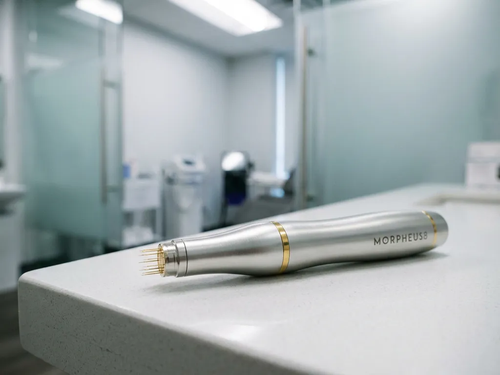 Morpheus8 microneedling handstuk met gouden naalden op wit klinisch oppervlak, moderne esthetische kliniek op de achtergrond.