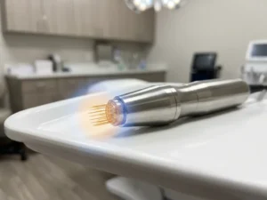 Morpheus8 microneedling handstuk met gouden naalden op wit klinisch dienblad, radiofrequentie-energie zichtbaar aan de tip.