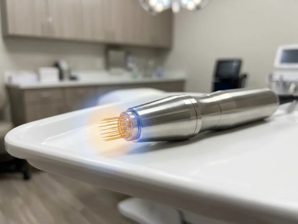 Morpheus8 microneedling handstuk met gouden naalden op wit klinisch dienblad, radiofrequentie-energie zichtbaar aan de tip.