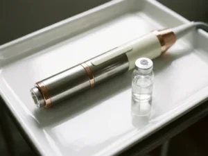 Morpheus8 microneedling handstuk naast een glazen injectieflacon op een wit klinisch dienblad, rozégouden en ivoren tinten.