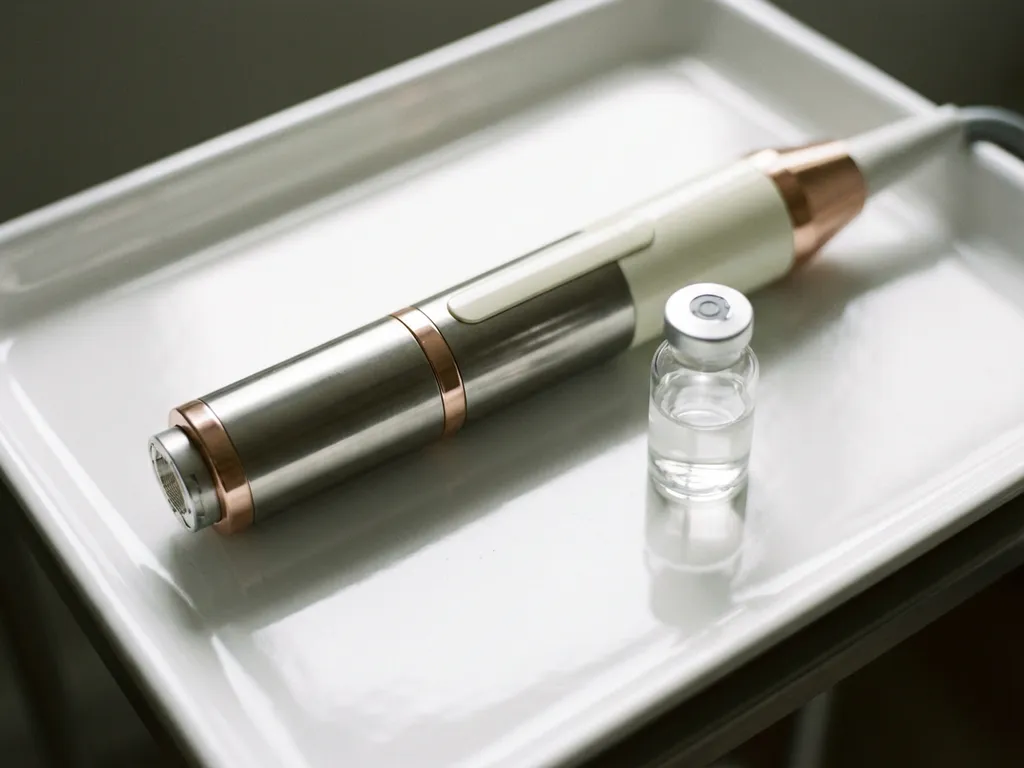 Morpheus8 microneedling handstuk naast een glazen injectieflacon op een wit klinisch dienblad, rozégouden en ivoren tinten.