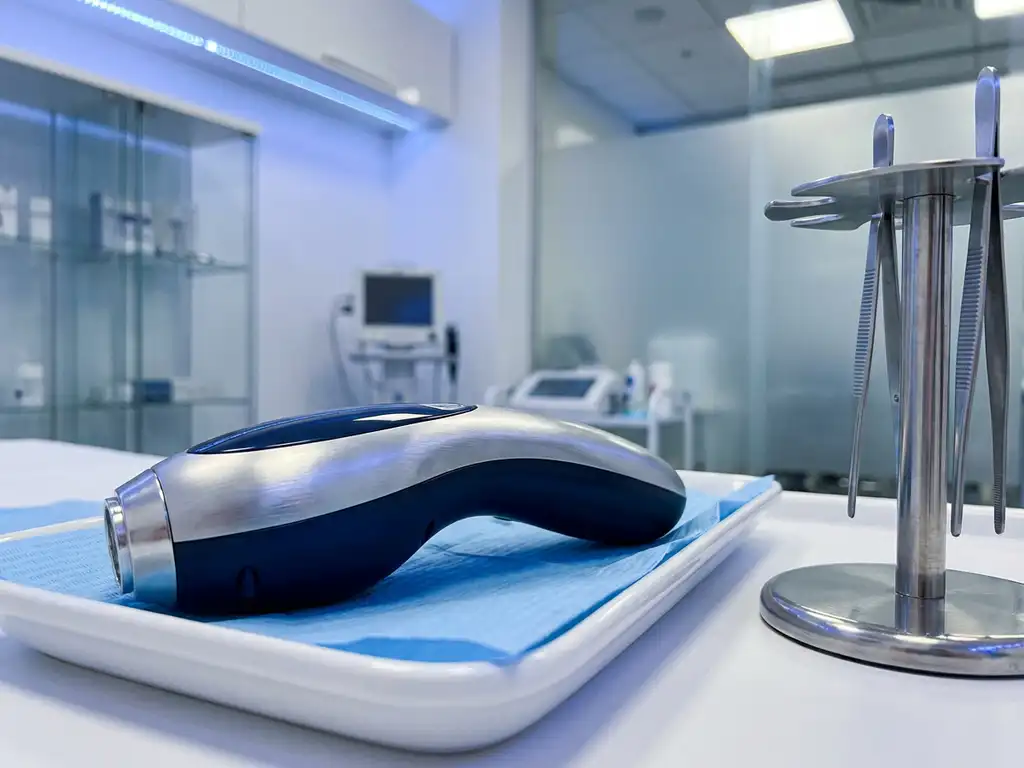Morpheus8 radiofrequency microneedling handpiece op een witte klinische tray, zacht blauw licht reflecteert op het metalen oppervlak.