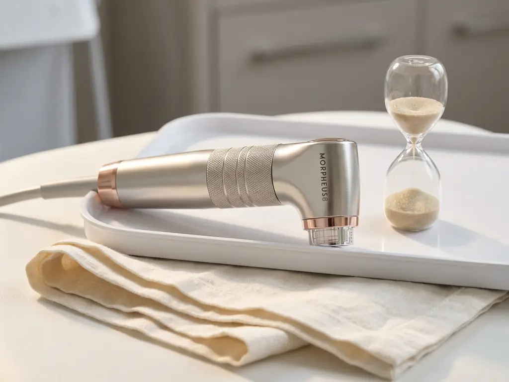 Morpheus8 microneedling handpiece op wit klinisch dienblad naast zandloper, crème linnen ondergrond, zacht natuurlijk zijlicht.