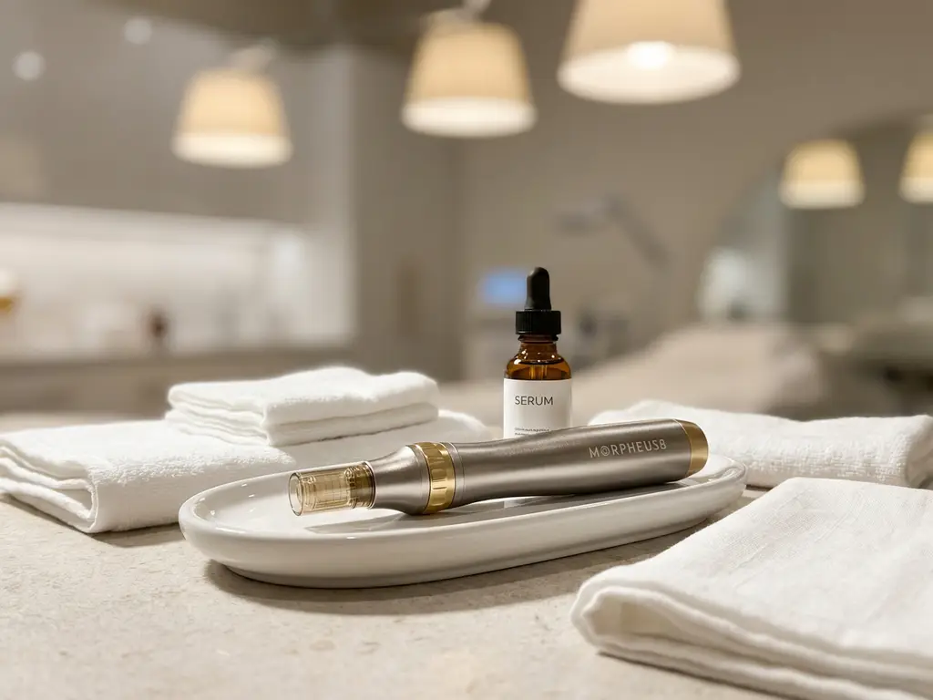 Morpheus8 microneedling handstuk op witte klinische dienblad naast een amber glazen serumflesje, zachte linnen achtergrond.