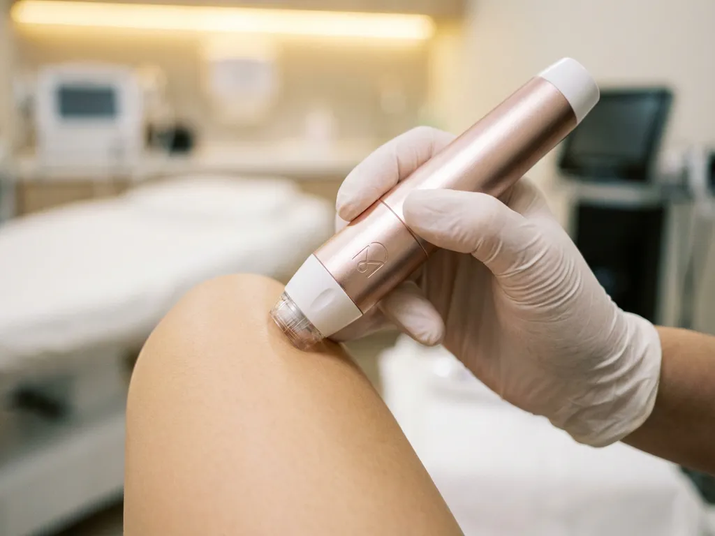 Morpheus8 microneedling handpiece op gezonde huid, aangeraakt door gehandschoende klinische hand in steriele behandelkamer.