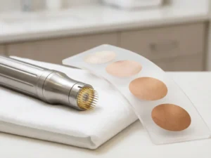 Morpheus8 microneedling handpiece op wit medisch linnen naast vier huidtintstalen, van ivoor tot warm brons.