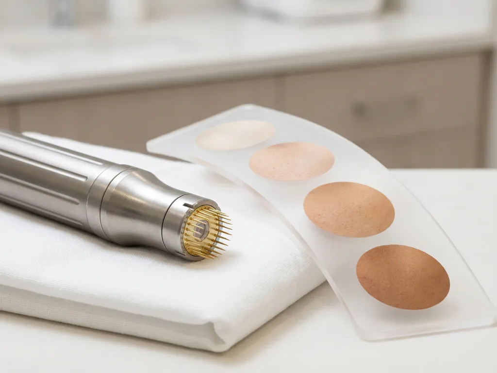 Morpheus8 microneedling handpiece op wit medisch linnen naast vier huidtintstalen, van ivoor tot warm brons.