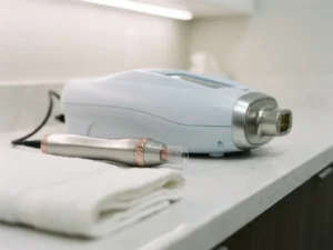 Morpheus8 microneedling handstuk naast een laserbehandelingsapparaat op wit klinisch oppervlak, zachte medische verlichting, rose-gouden accenten.