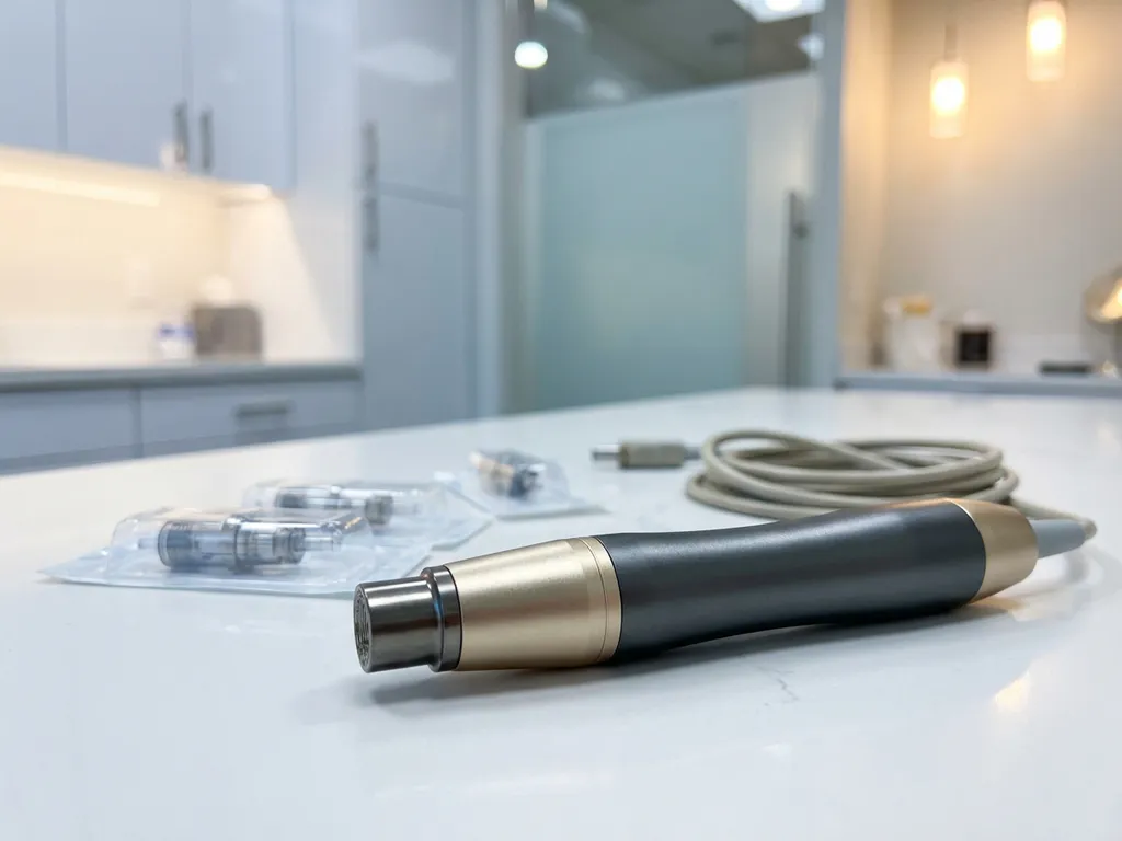 Morpheus8 microneedling handstuk op witte klinische ondergrond, omringd door radiofrequentie behandelingsaccessoires.