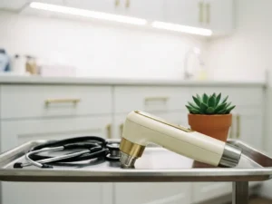 Morpheus8 microneedling radiofrequentie handstuk op klinische dienblad naast stethoscoop en klein vetplantje, zachte medische verlichting.