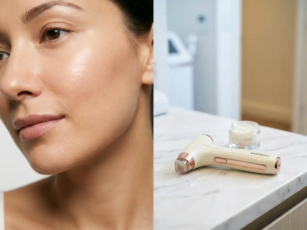 Stralende, gerejuveneerde huid op wang en kaaklijn van een vrouw, met een Morpheus8 microneedling handstuk op wit marmer.