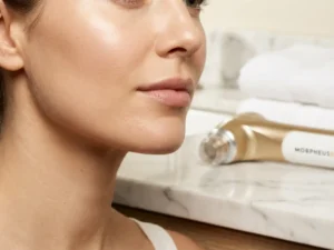 Stralende, gerejuveneerde huid op wang en kaaklijn van een vrouw, met een Morpheus8 microneedling handstuk op wit marmer.