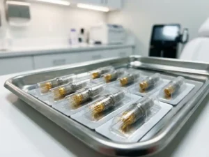 Steriele Morpheus8 microneedling tips met gouden naalden op roestvrijstalen medische tray, scherpe macrofoto op ooghoogte.