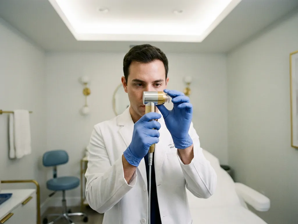 Esthetisch professional in witte klinische jas inspecteert Morpheus8 radiofrequentie microneedling handstuk op ooghoogte in moderne behandelkamer.
