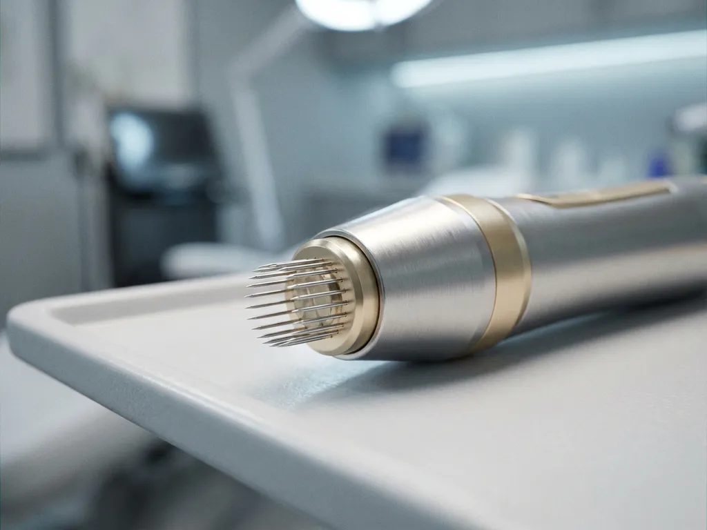 Morpheus8 RF-microneedling handstuk op witte klinische ondergrond, met glanzende metalen naaldpunten in een steriele behandelkamer.